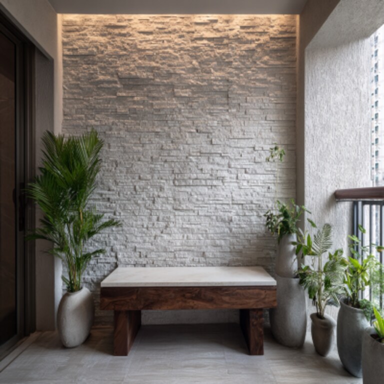 Contemporary Balcony Design with Textured Stone Cladding on the Wall