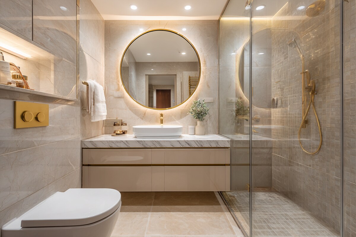 Contemporary Bathroom Design With A Round Mirror Featuring A Golden Frame Contemporary Bathroom Design With A Round Mirror Featuring A Golden Frame