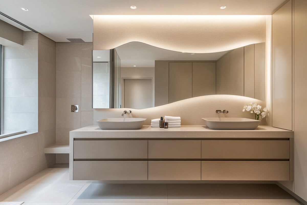 Contemporary Bathroom Design with Asymmetrical Mirror and Matte Cabinets Contemporary Bathroom Design with Asymmetrical Mirror and Matte Cabinets
