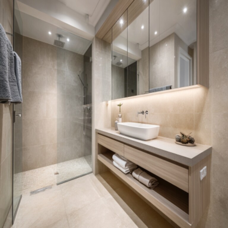 Contemporary Bathroom Design With Beige Wall And Floor Tiles
