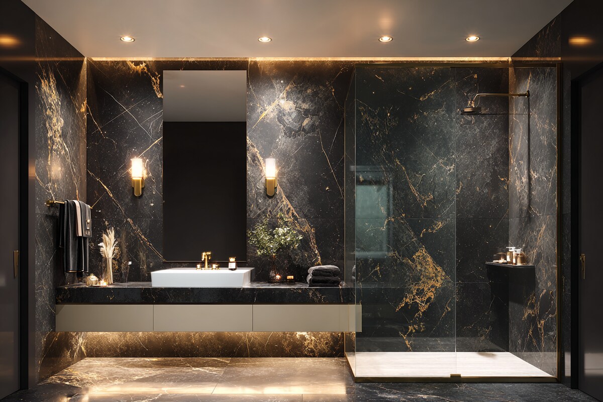 Contemporary Bathroom Design With Black Marble Wall Tiles