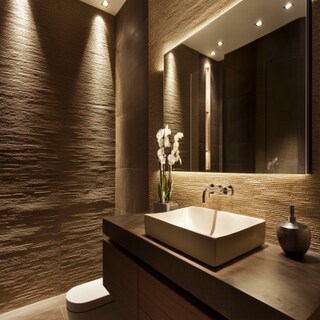 Contemporary Bathroom Design with Brown Tiles and Rectangle Mirror