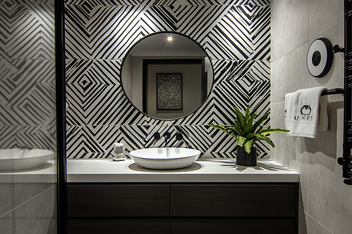 Contemporary Bathroom Design with Geometric Wall Tiles and Round Mirror Contemporary Bathroom Design with Geometric Wall Tiles and Round Mirror