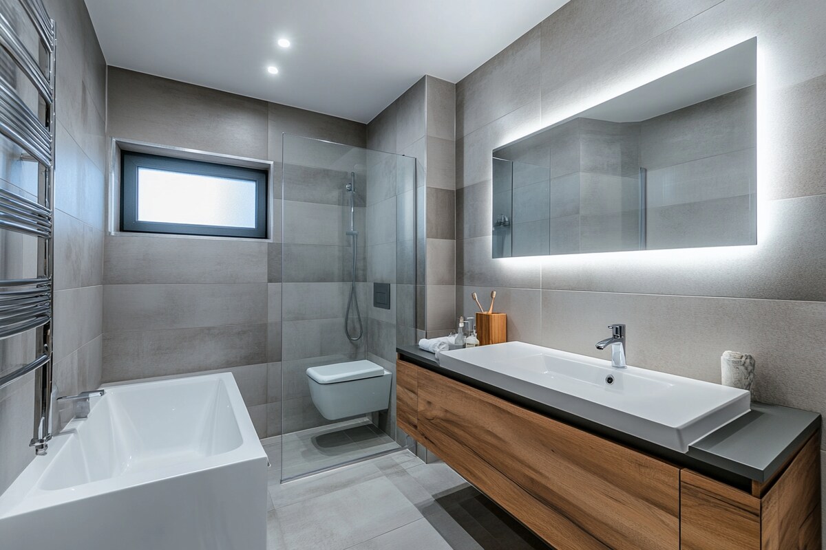 Contemporary Bathroom Design with Grey Ceramic Tiles Contemporary Bathroom Design with Grey Ceramic Tiles