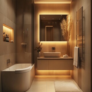 Contemporary Bathroom Design with Light Brown Tiles and Vanity