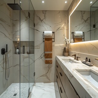 Contemporary Bathroom Design with Marble Walls and Quartz Countertop