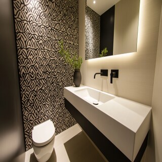 Contemporary Bathroom Design with Patterned Accent Wall