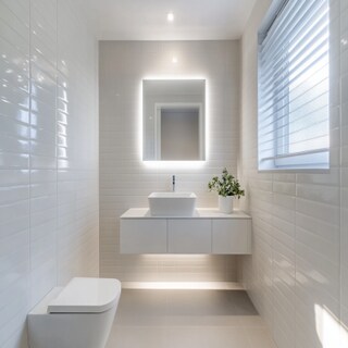 Contemporary Bathroom Design with White Tiles and Square Mirror