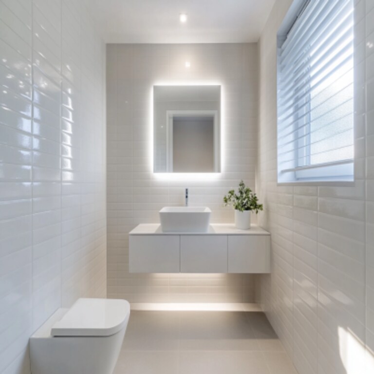 Contemporary Bathroom Design with White Tiles and Square Mirror