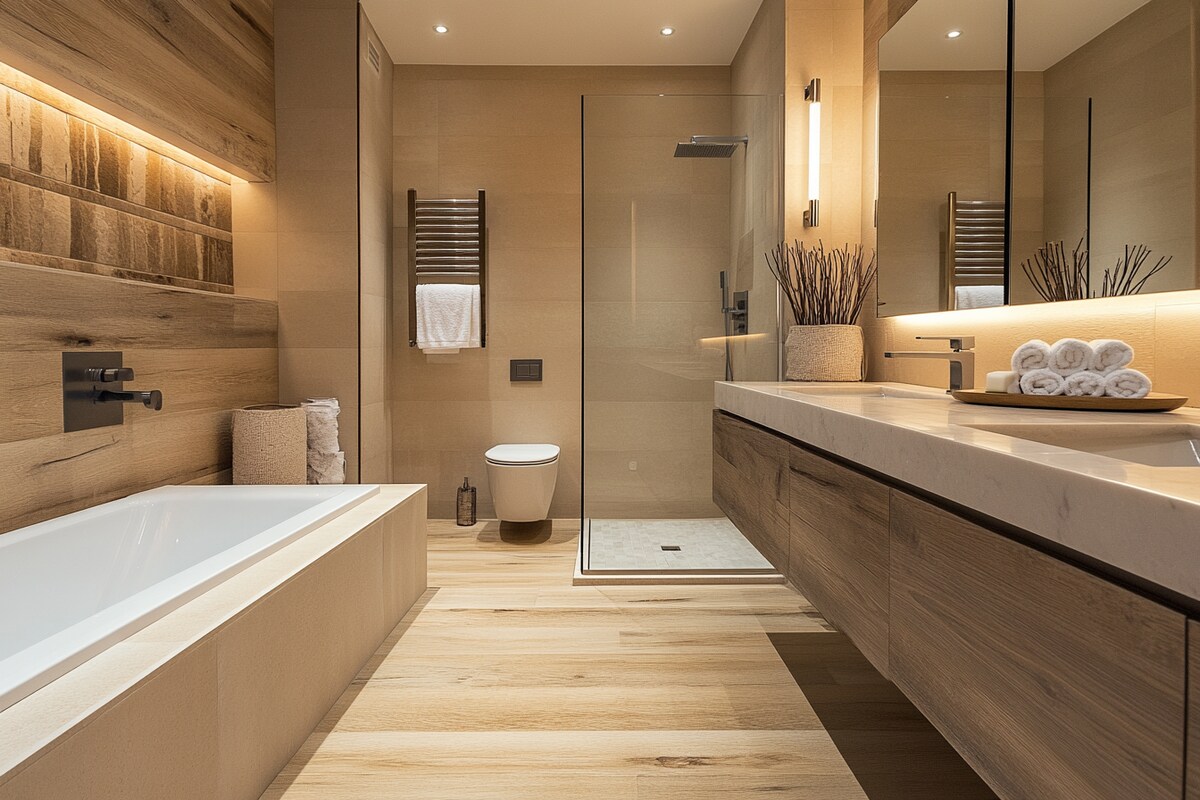 Contemporary Bathroom Design with Wooden Tiles and Stone Countertop Contemporary Bathroom Design with Wooden Tiles and Stone Countertop