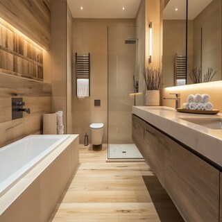 Contemporary Bathroom Design with Wooden Tiles and Stone Countertop