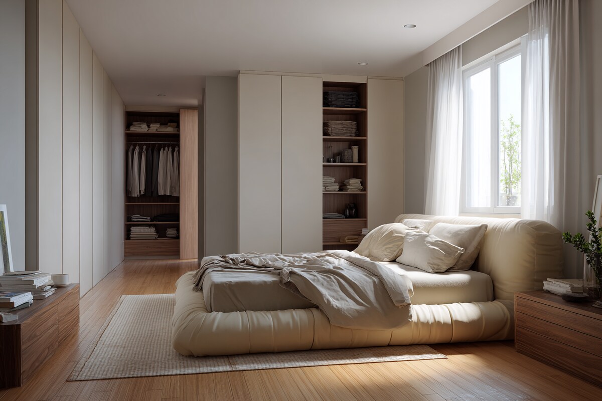Contemporary Bedroom Design With A Cream Upholstered King Size Bed