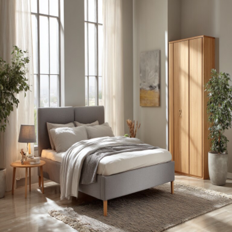 Contemporary Bedroom Design With A Grey Upholstered Bed And Wardrobe