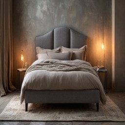 Modern Bedroom Design With A Grey Upholstered Bed And Wall-Mounted Side ...