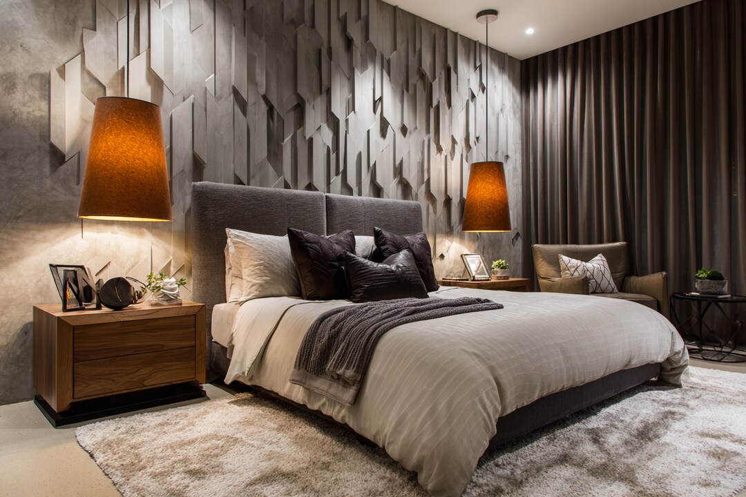 Contemporary Bedroom Design With A King Size Bed And A 3D Wallpaper