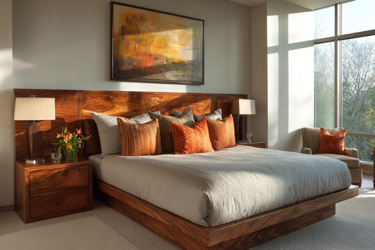Contemporary Bedroom Design With A King Size Bed And A Wooden Headboard