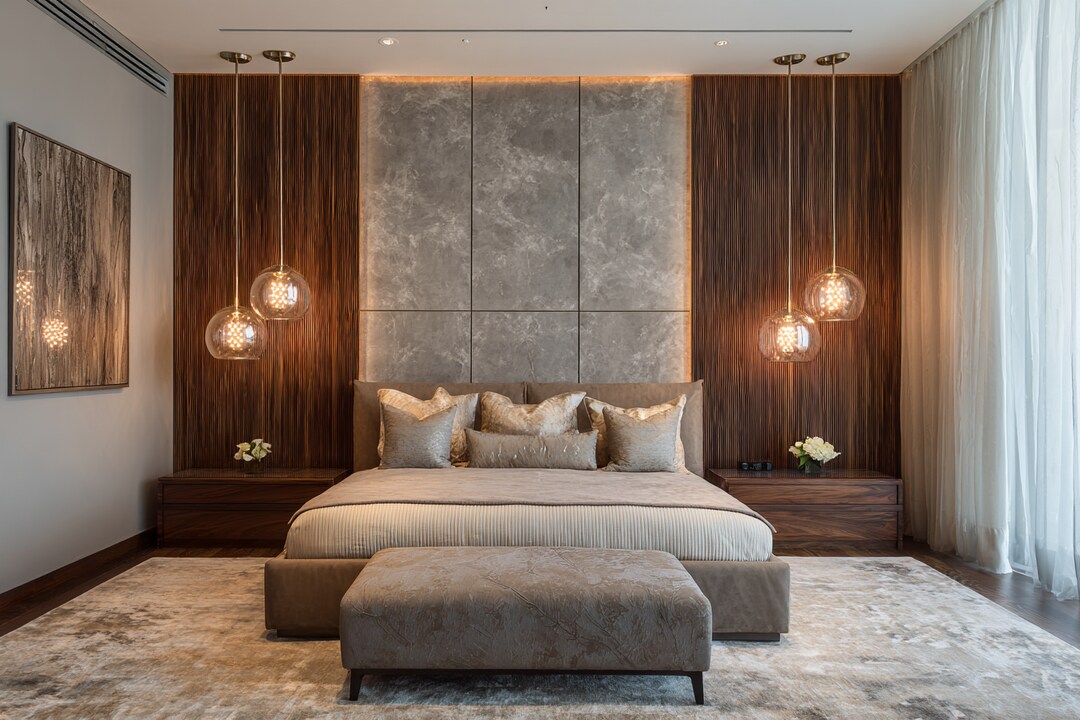 Contemporary Bedroom Design With A King Size Bed And Hanging Lights