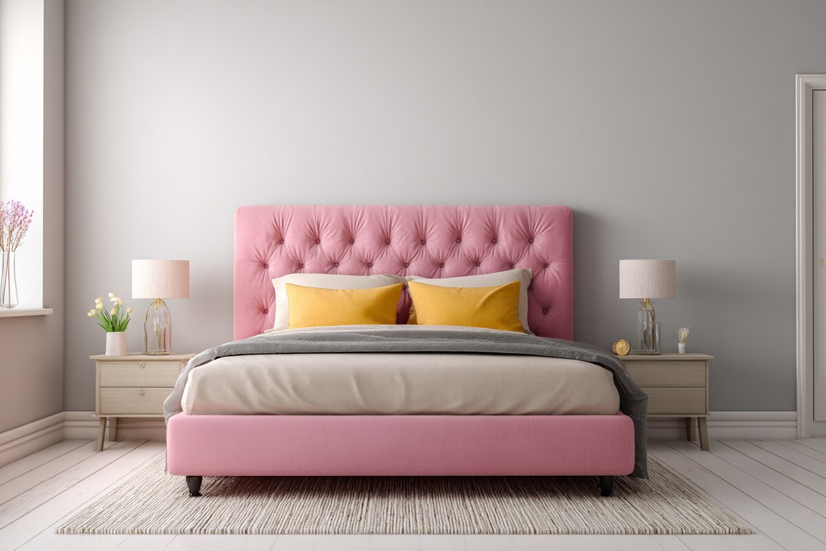 Contemporary Bedroom Design With A Pink Upholstered Double Bed And Beige Side Tables Contemporary Bedroom Design With A Pink Upholstered Double Bed And Beige Side Tables