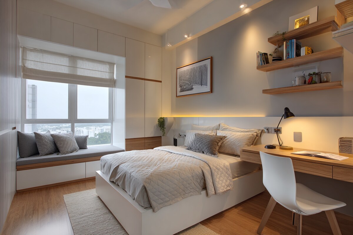 Contemporary Bedroom Design With A White Bed And A Study Table Contemporary Bedroom Design With A White Bed And A Study Table