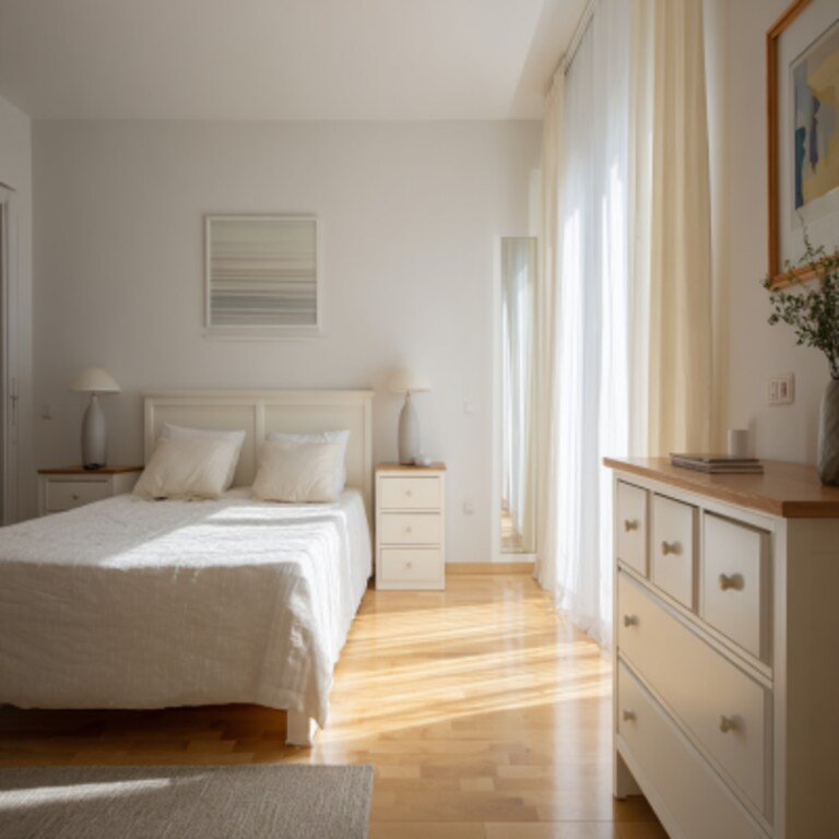 Contemporary Bedroom Design With A White Double Bed And A Chest Of Drawers