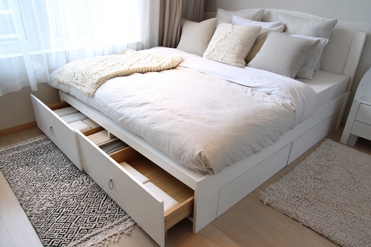 Contemporary Bedroom Design With A White Double Bed With Built-In Storage Contemporary Bedroom Design With A White Double Bed With Built-In Storage