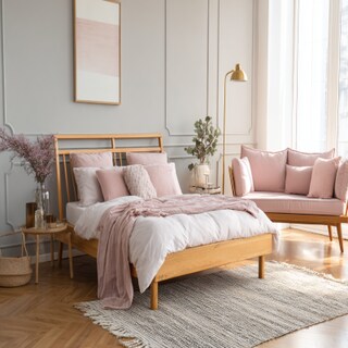 Contemporary Bedroom Design With A Wooden Bed And A Pastel Pink Couch