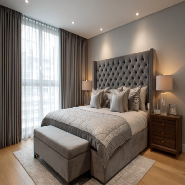 Contemporary Bedrooms Design With A King Size Bed With A Grey Tufted Headboard