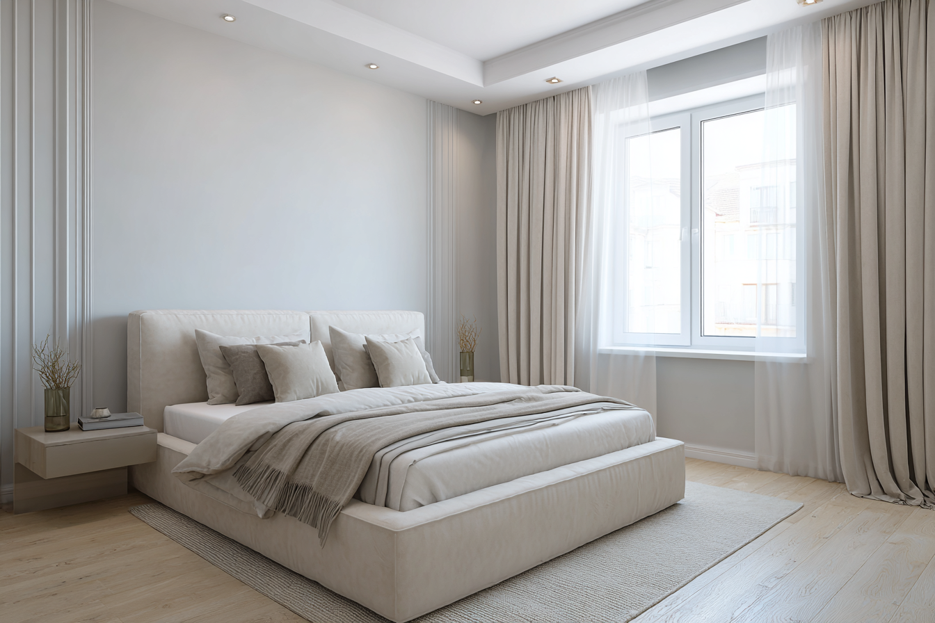 Contemporary Bedrooms Design With A King Size Bed With Beige Upholstery