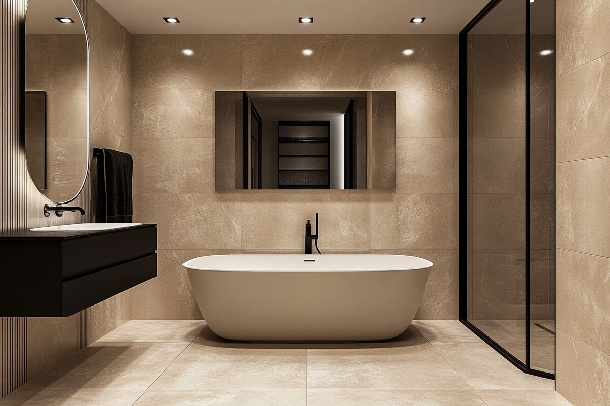 Contemporary Beige And Black Bathroom Design With Bathtub