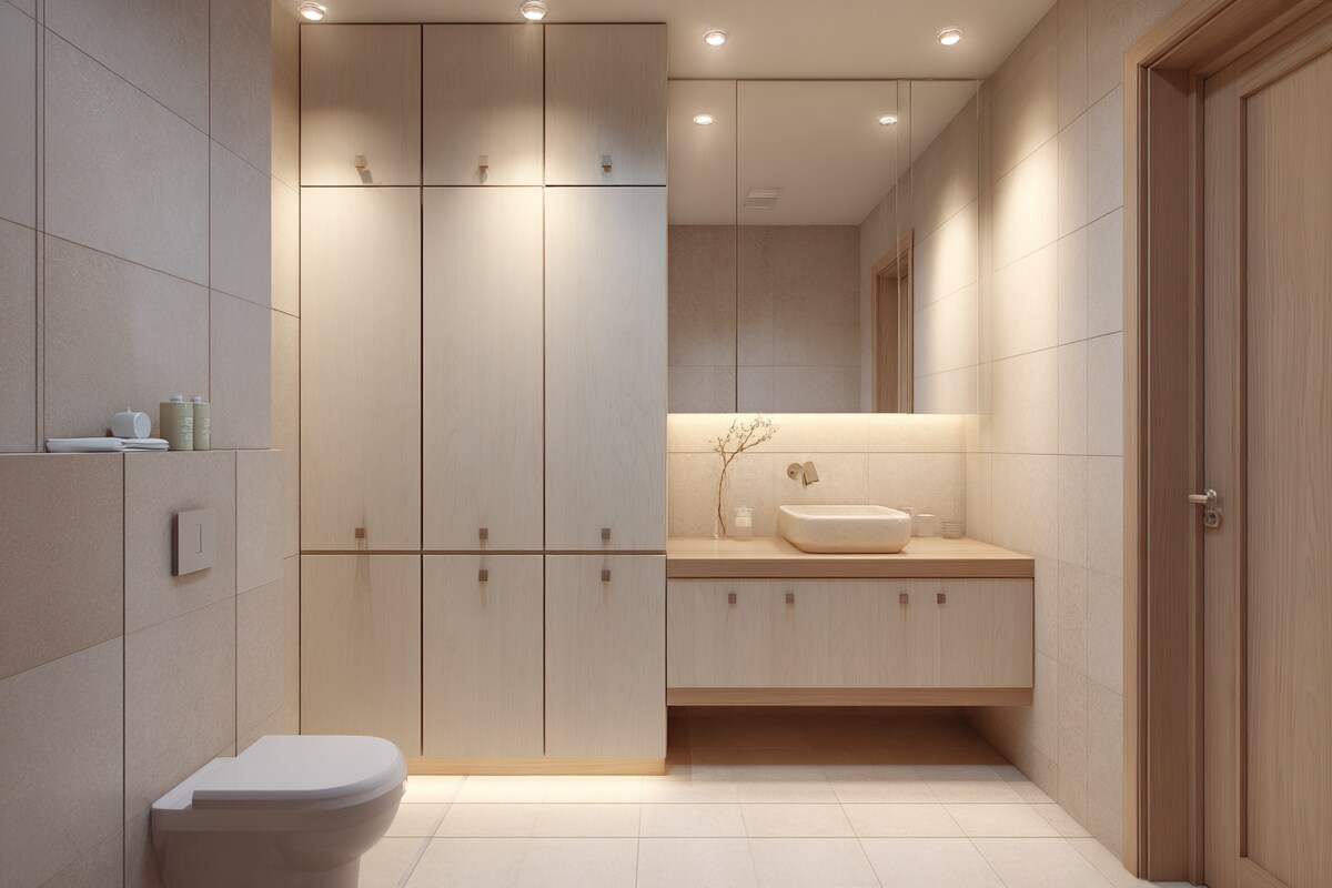 Contemporary Beige Bathroom Design With Storage Cabinets