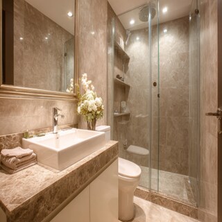 Contemporary Beige Small Bathroom Design With Marble Countertop