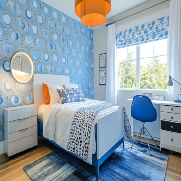 Contemporary Blue Boys Room Design With Wallpaper