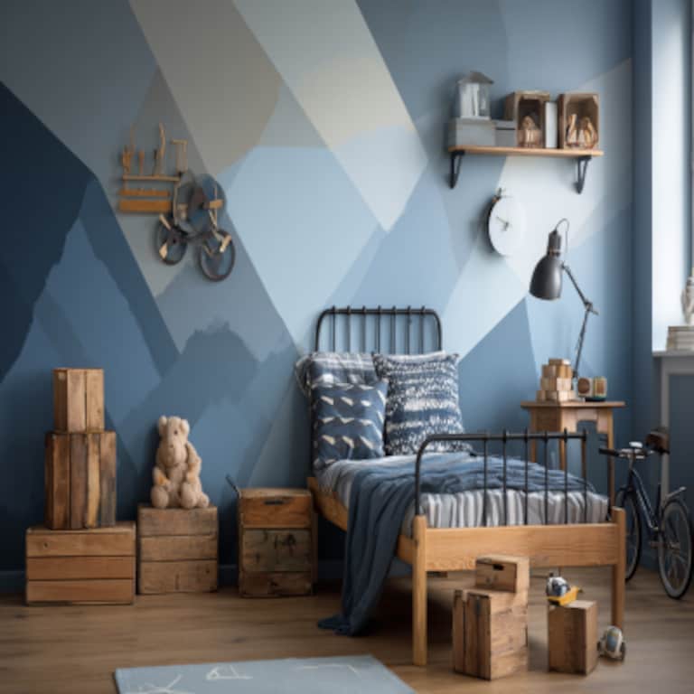 Contemporary Boys Room Design With Abstract Geometrical Wall Design