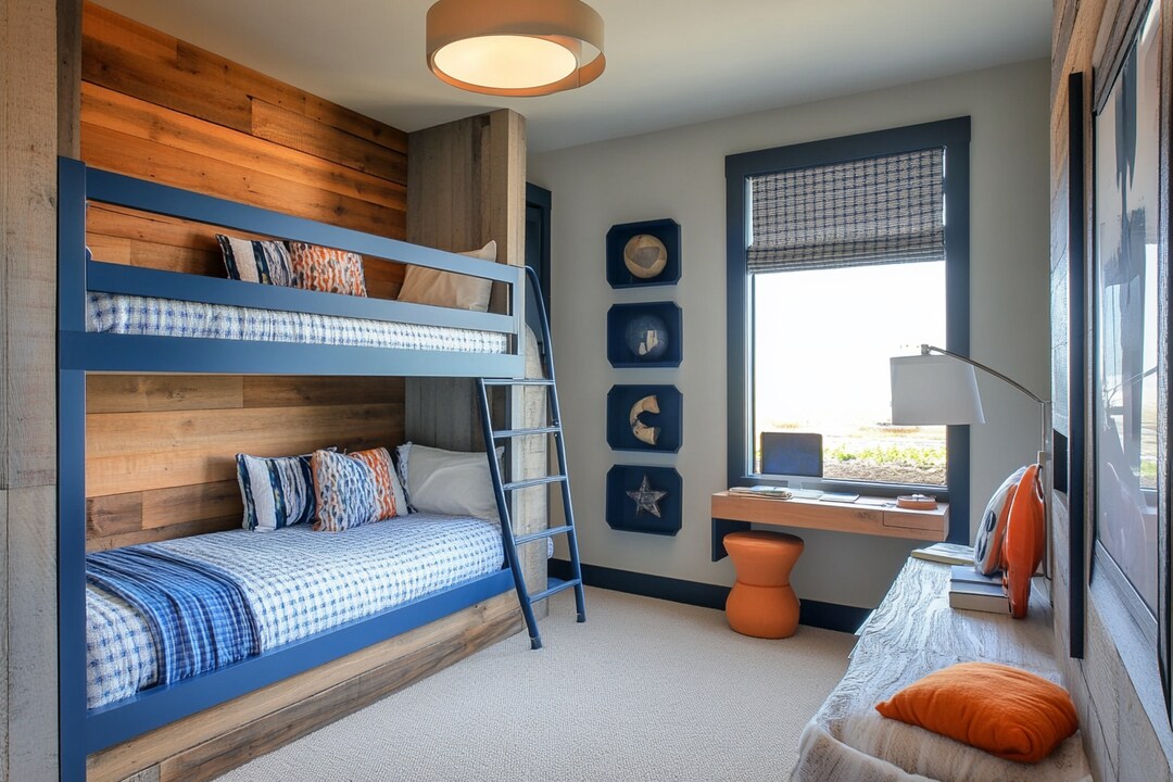 Contemporary Boys Room Design With Blue And Wood Bunk Bed
