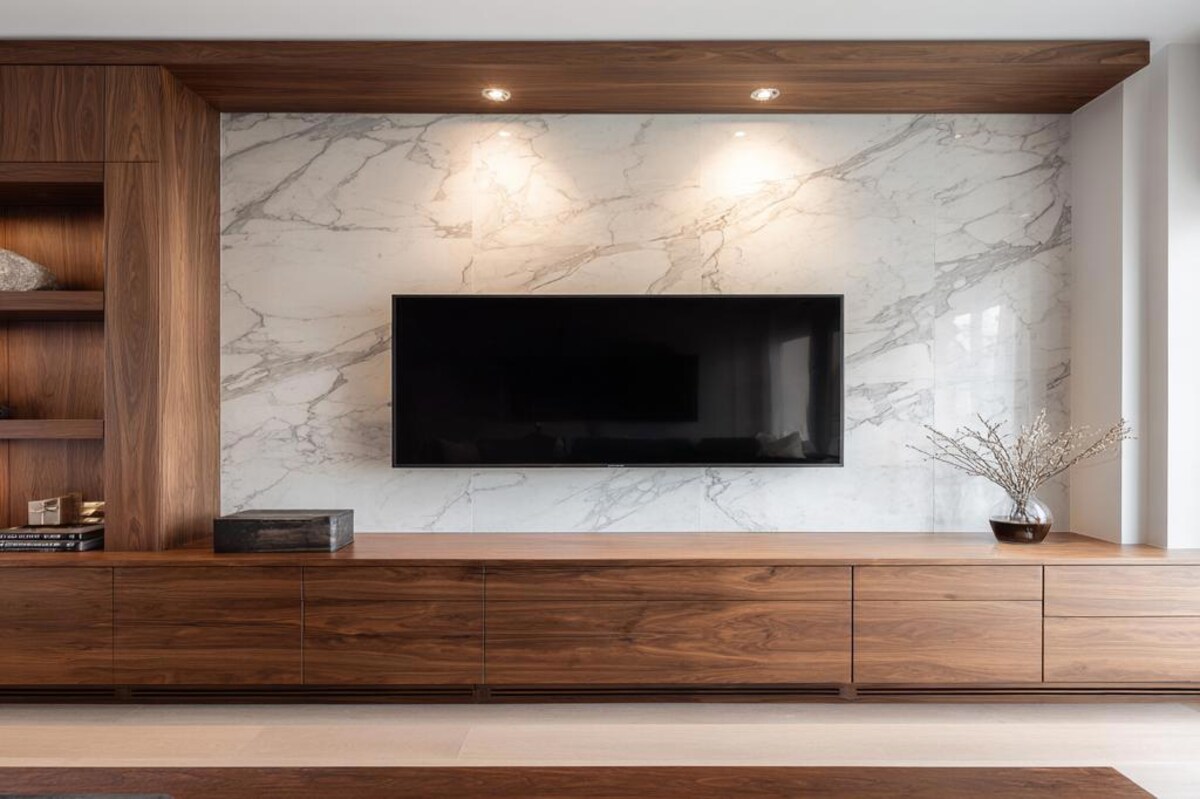 Contemporary Canadian Walnut TV Unit Design With Marble Inspired Panels