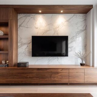 Contemporary Canadian Walnut TV Unit Design With Marble Inspired Panels