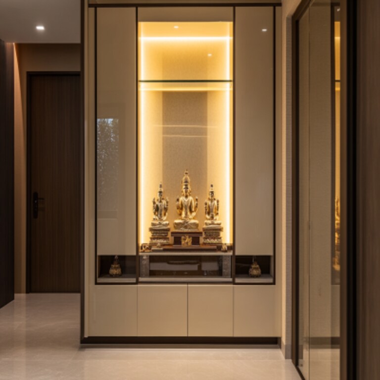 Contemporary Cream Pooja Unit Design with Backlit Display Cabinet