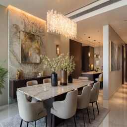 Contemporary Dining Room Design with Marble Table and Accent Wall