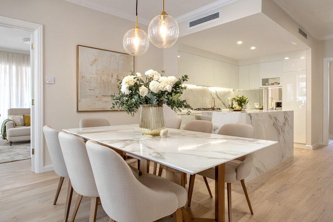 Contemporary Dining Room Design With Marble Table and Taupe Chairs
