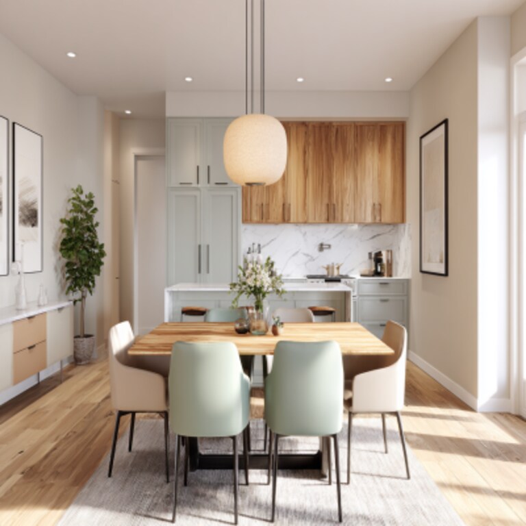 Contemporary Dining Room Design With Two-Tone Chairs and Cabinetry