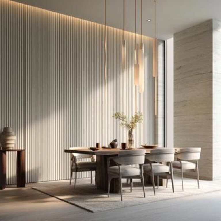 Contemporary Dining Room Wall Design with Fluted Panels Contemporary Dining Room Wall Design with Fluted Panels