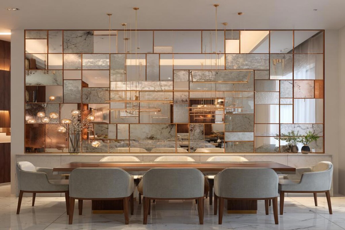 Contemporary Dining Room Wall Design With Grid Mirrored Panels