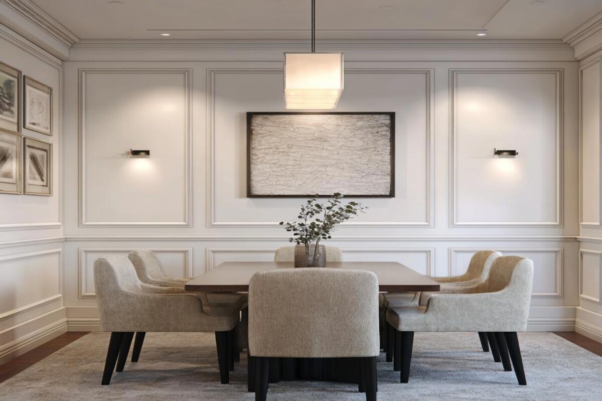 Contemporary Dining Room Wall Design With Wall Trims And Art Work