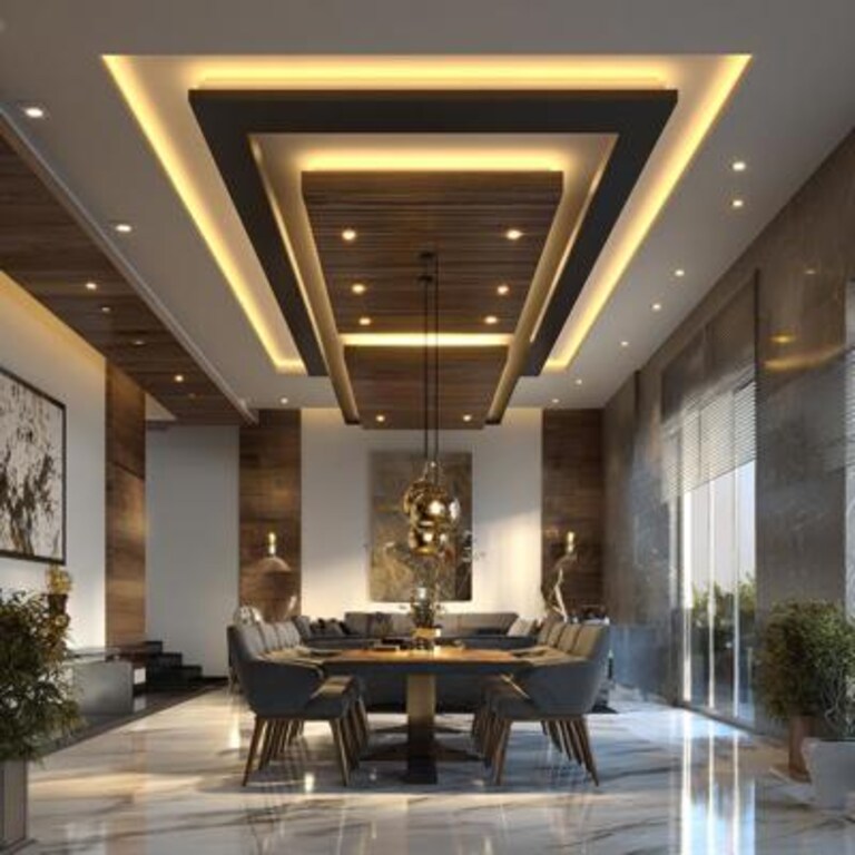Contemporary Double Layer False Ceiling Design with Pendant and Cove Lighting Contemporary Double Layer False Ceiling Design with Pendant and Cove Lighting