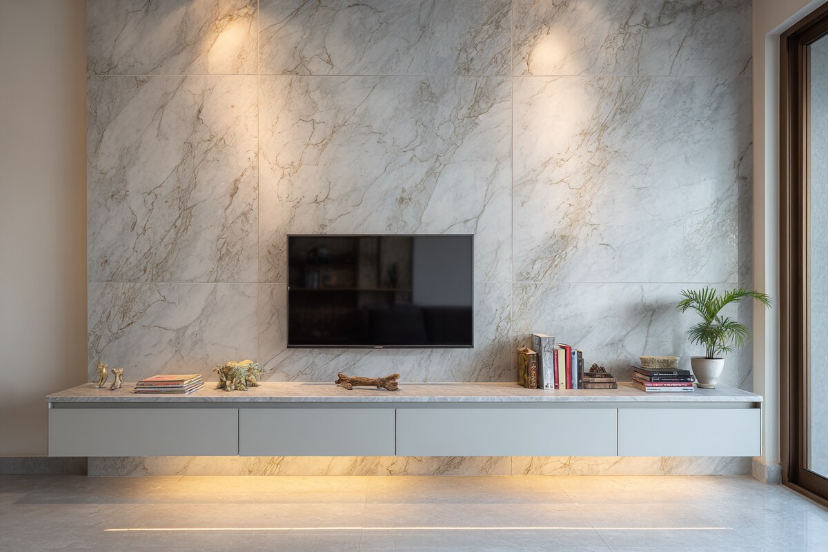Contemporary Floating TV Unit Design with Marbled Accent Backdrop
