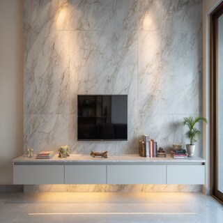 Contemporary Floating TV Unit Design with Marbled Accent Backdrop