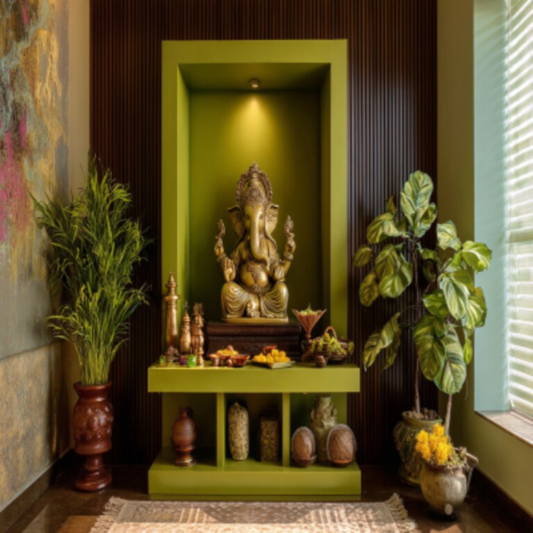 Contemporary Floor-Mounted Green Pooja Unit Design with Ganesh Idol