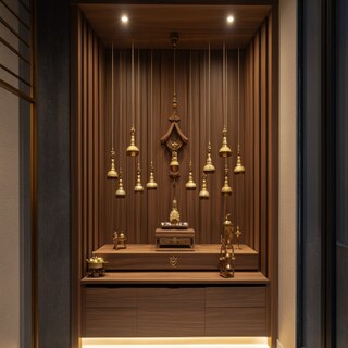 Contemporary Floor-Mounted Pooja Design Featuring Bells and Vertical Symmetry