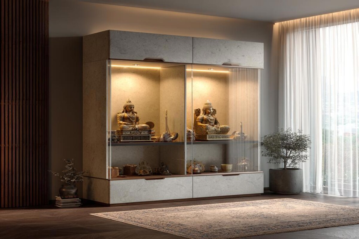 Contemporary Floor Mounted Pooja Design With Glass Doors And Drawer Storage