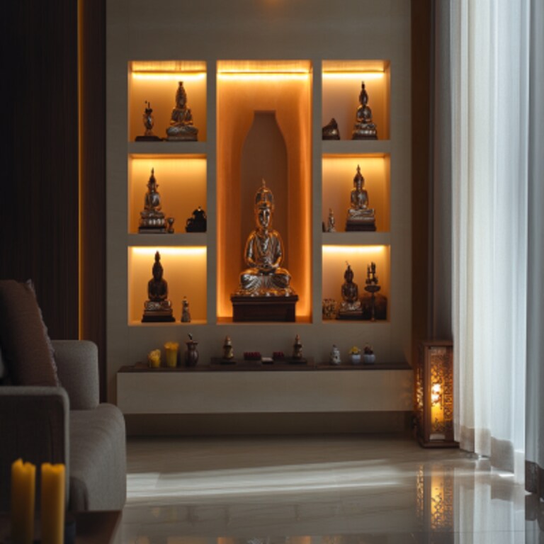 Contemporary Floor-Mounted Pooja Unit Design with Backlit Built-In Niche